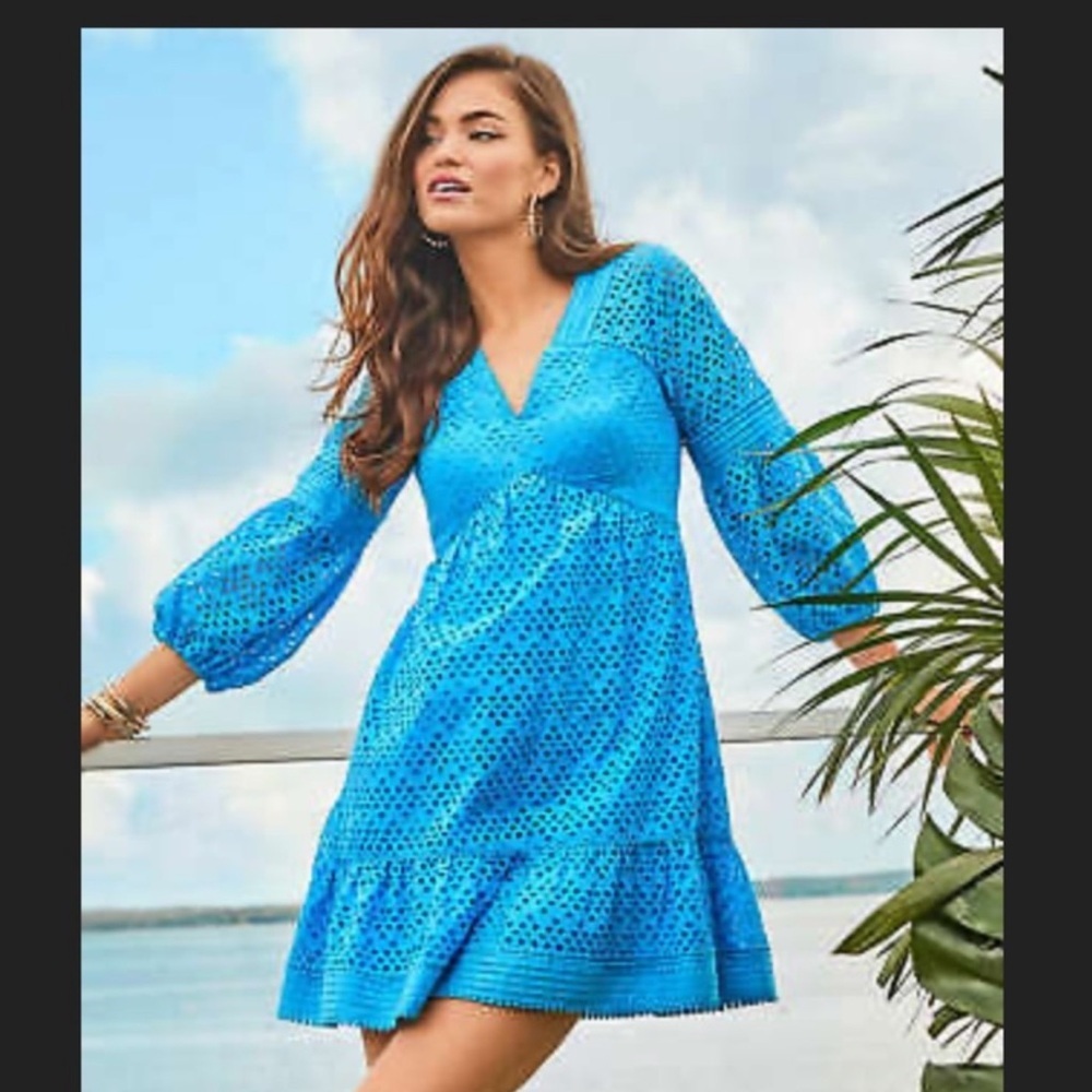 Lilly Pulitzer Lucinda Dress Zanzibar Blue Tideline Eyelet Puff Sleeve Size 14